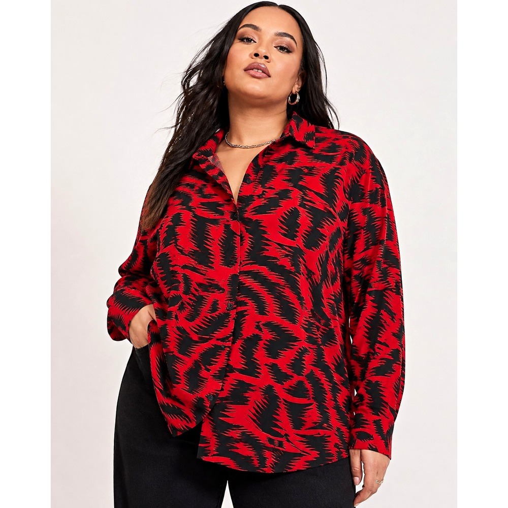 ASOS Red/Black Abstract Print Collared Button Front Blouse Long Sleeve 2XL